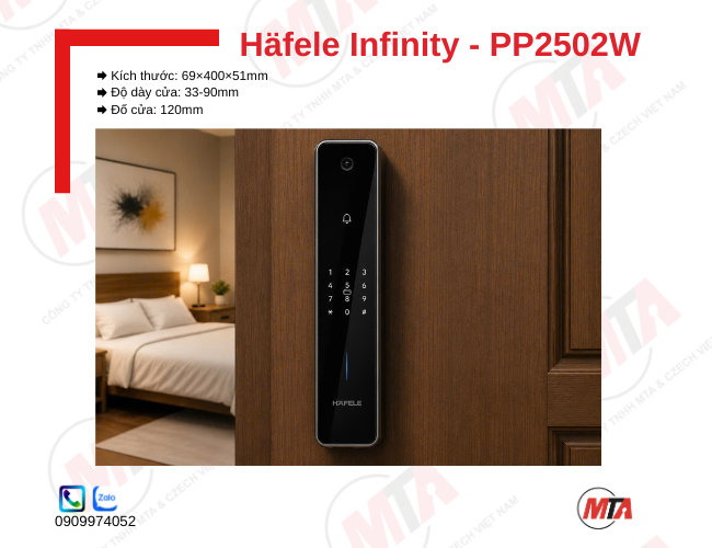 Khóa điện tử Hafele Infinity PP2502W kích thước 69 x 400 x 51 mm cho cửa gỗ dày 33-90mm, hỗ trợ Face ID, Palm ID, vân tay, mã số, thẻ từ, App và camera 2MP.