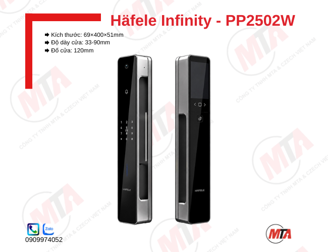 Khóa điện tử Hafele Infinity PP2502W kích thước 69 x 400 x 51 mm cho cửa gỗ dày 33-90mm, hỗ trợ Face ID, Palm ID, vân tay, mã số, thẻ từ, App và camera 2MP.