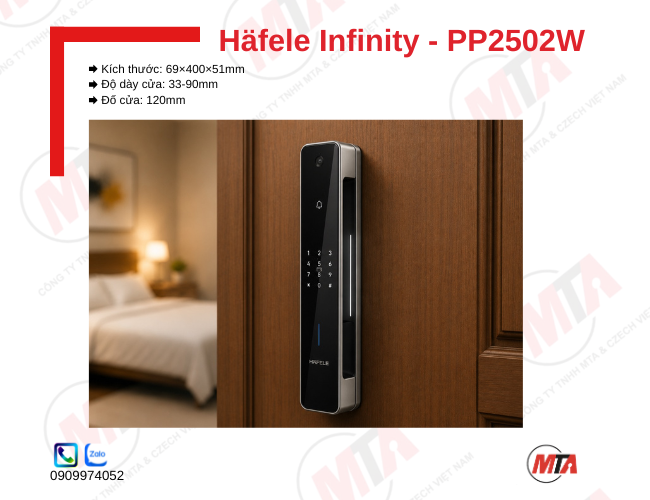 Khóa điện tử Hafele Infinity PP2502W kích thước 69 x 400 x 51 mm cho cửa gỗ dày 33-90mm, hỗ trợ Face ID, Palm ID, vân tay, mã số, thẻ từ, App và camera 2MP.