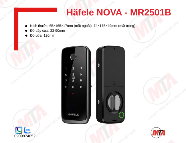 Khóa điện tử Hafele NOVA MR2501B MSP 499.21.226 kích thước 65 × 161 mm (mặt ngoài), 34.2 × 156 mm (mặt trong), phù hợp cửa dày 35–50 mm, hỗ trợ mở khóa bằng vân tay, mã số, thẻ từ RFID và chìa khóa cơ, giúp tăng cường bảo mật và kiểm soát ra vào an toàn.