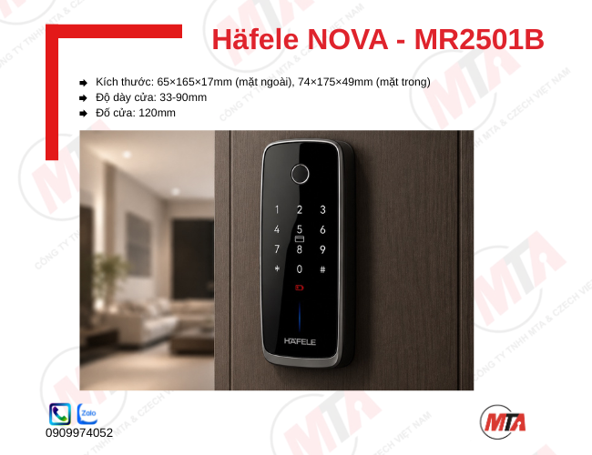 Khóa điện tử Hafele NOVA MR2501B MSP 499.21.226 kích thước 65 × 161 mm (mặt ngoài), 34.2 × 156 mm (mặt trong), phù hợp cửa dày 35–50 mm, hỗ trợ mở khóa bằng vân tay, mã số, thẻ từ RFID và chìa khóa cơ, giúp tăng cường bảo mật và kiểm soát ra vào an toàn.