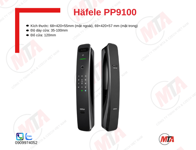 Khóa điện tử Hafele PP9100 kích thước 78 × 395 × 65 mm, phù hợp cửa gỗ mở xoay, hỗ trợ vân tay, mã số, thẻ từ, chìa khóa cơ và kết nối ứng dụng Hafele Smart Living, giúp bảo mật và kiểm soát ra vào an toàn.