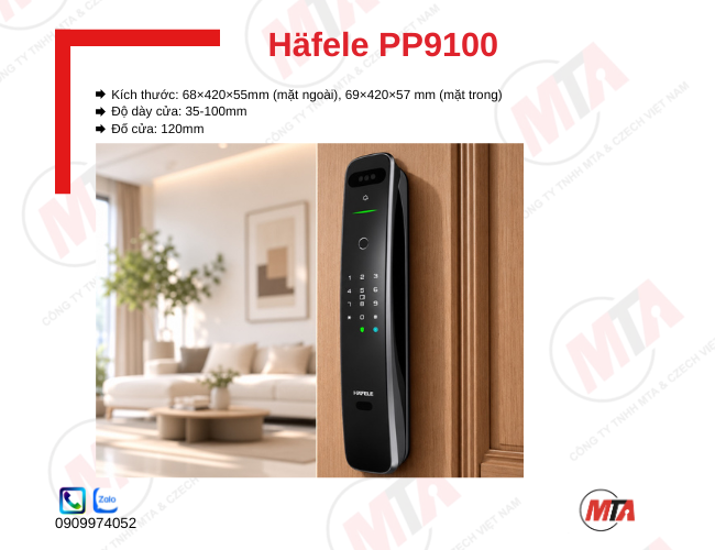 Khóa điện tử Hafele PP9100 kích thước 78 × 395 × 65 mm, phù hợp cửa gỗ mở xoay, hỗ trợ vân tay, mã số, thẻ từ, chìa khóa cơ và kết nối ứng dụng Hafele Smart Living, giúp bảo mật và kiểm soát ra vào an toàn.