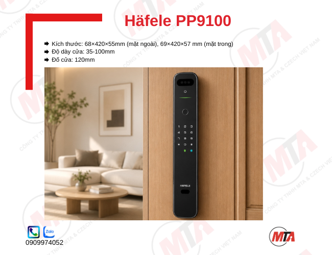 Khóa điện tử Hafele PP9100 kích thước 78 × 395 × 65 mm, phù hợp cửa gỗ mở xoay, hỗ trợ vân tay, mã số, thẻ từ, chìa khóa cơ và kết nối ứng dụng Hafele Smart Living, giúp bảo mật và kiểm soát ra vào an toàn.