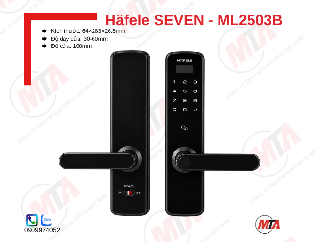 Khóa điện tử Hafele Seven ML2503B (499.21.234) kích thước 64 × 283 × 26.8 mm, phù hợp cửa gỗ dày 30–60 mm, hỗ trợ mở khóa bằng vân tay, mã số, thẻ từ và chìa khóa cơ, giúp tăng cường bảo mật và kiểm soát ra vào an toàn.