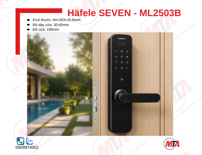 Khóa điện tử Hafele Seven ML2503B (499.21.234) kích thước 64 × 283 × 26.8 mm, phù hợp cửa gỗ dày 30–60 mm, hỗ trợ mở khóa bằng vân tay, mã số, thẻ từ và chìa khóa cơ, giúp tăng cường bảo mật và kiểm soát ra vào an toàn.