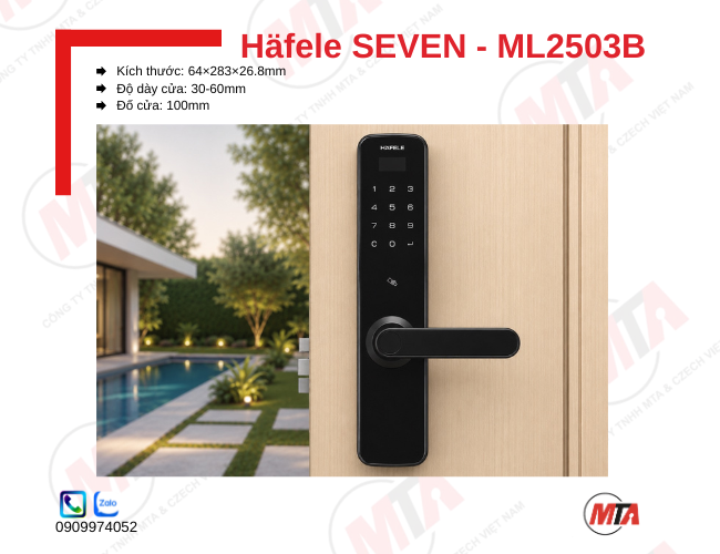 Khóa điện tử Hafele Seven ML2503B (499.21.234) kích thước 64 × 283 × 26.8 mm, phù hợp cửa gỗ dày 30–60 mm, hỗ trợ mở khóa bằng vân tay, mã số, thẻ từ và chìa khóa cơ, giúp tăng cường bảo mật và kiểm soát ra vào an toàn.