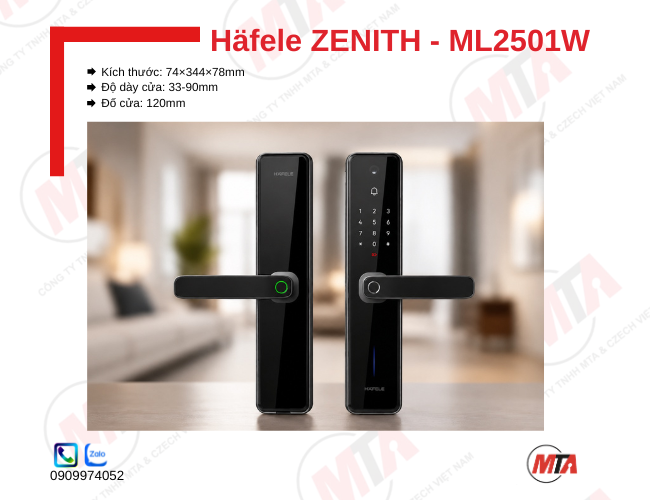 Khóa điện tử Hafele Zenith ML2501W kích thước 74 × 344 × 78 mm, phù hợp cửa gỗ mở xoay dày 33–90 mm, hỗ trợ vân tay, mã số, thẻ từ, kết nối ứng dụng Hafele Smart Living, camera 1MP và chìa khóa cơ, giúp bảo mật và kiểm soát ra vào an toàn.