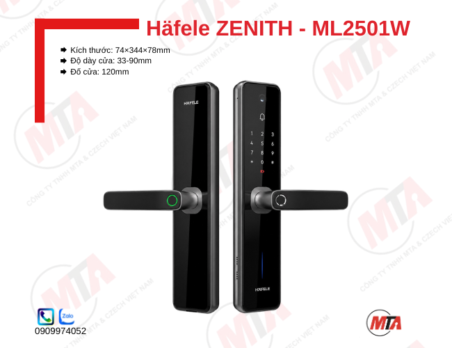 Khóa điện tử Hafele Zenith ML2501W kích thước 74 × 344 × 78 mm, phù hợp cửa gỗ mở xoay dày 33–90 mm, hỗ trợ vân tay, mã số, thẻ từ, kết nối ứng dụng Hafele Smart Living, camera 1MP và chìa khóa cơ, giúp bảo mật và kiểm soát ra vào an toàn.