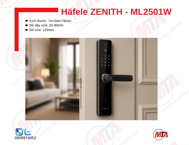 Khóa điện tử Hafele Zenith ML2501W kích thước 74 × 344 × 78 mm, phù hợp cửa gỗ mở xoay dày 33–90 mm, hỗ trợ vân tay, mã số, thẻ từ, kết nối ứng dụng Hafele Smart Living, camera 1MP và chìa khóa cơ, giúp bảo mật và kiểm soát ra vào an toàn.