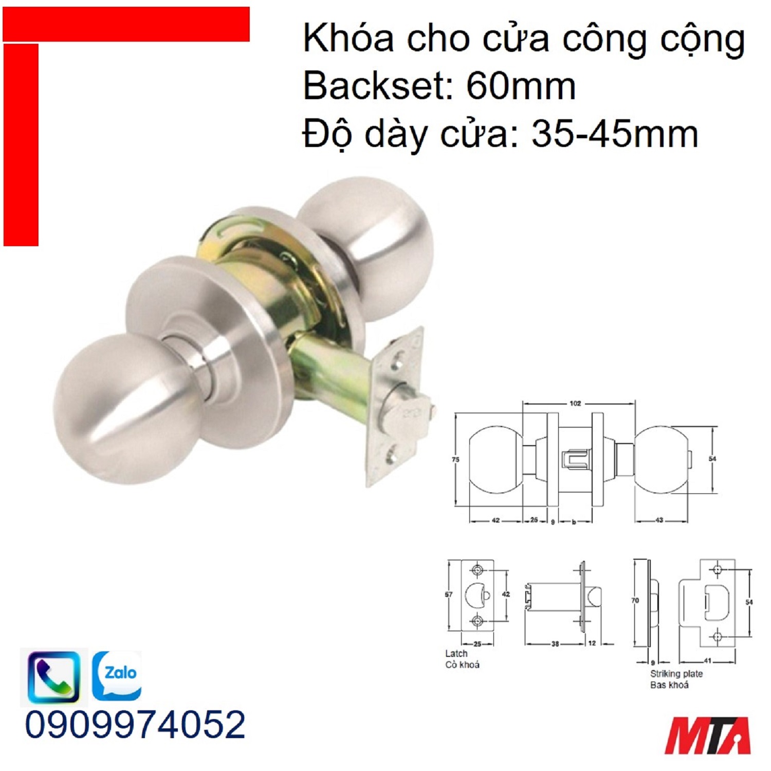 Khóa tay nắm tròn Hafele 911.64.254 cho cửa công cộng loại lớn bs60mm inox mờ