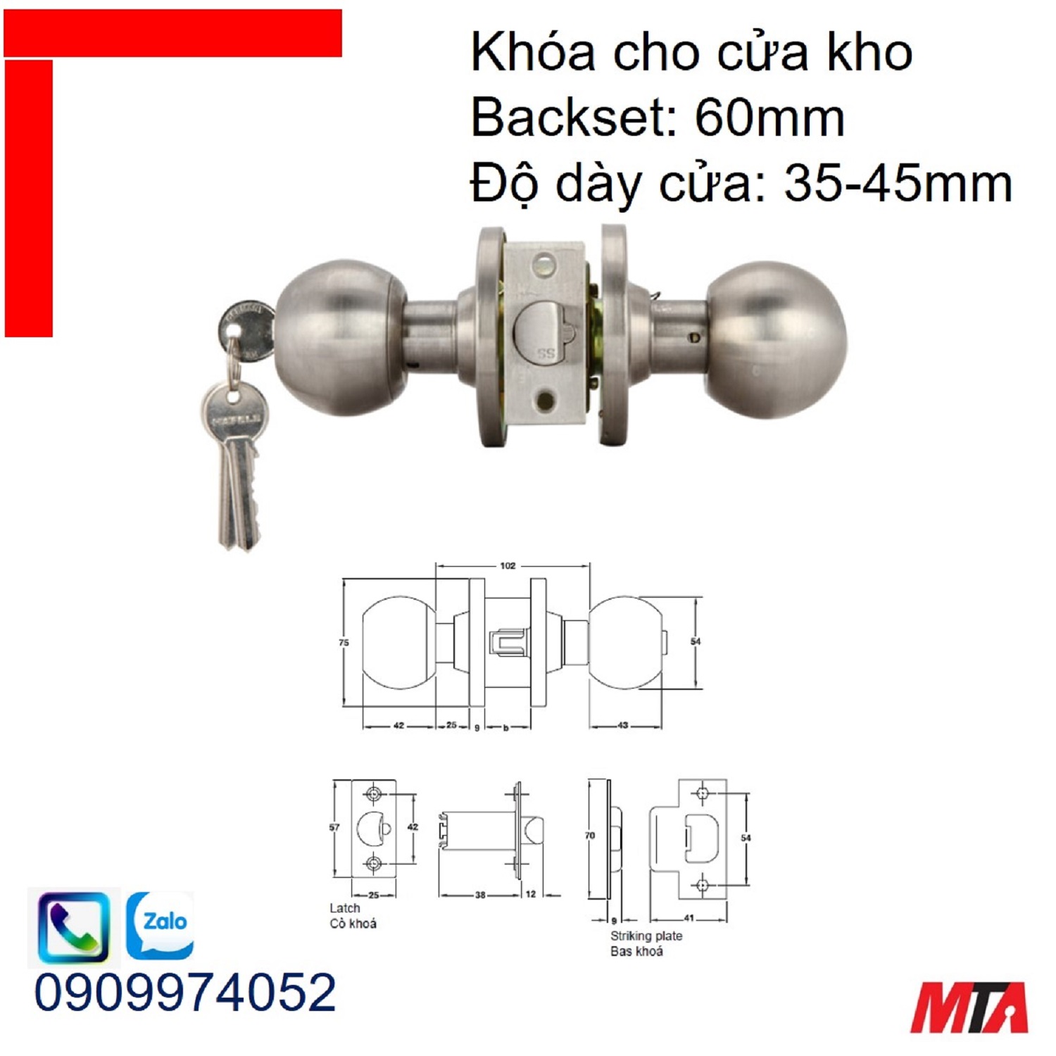 Khóa tay nắm tròn Hafele 911.64.270 cho cửa kho loại lớn bs60mm inox mờ