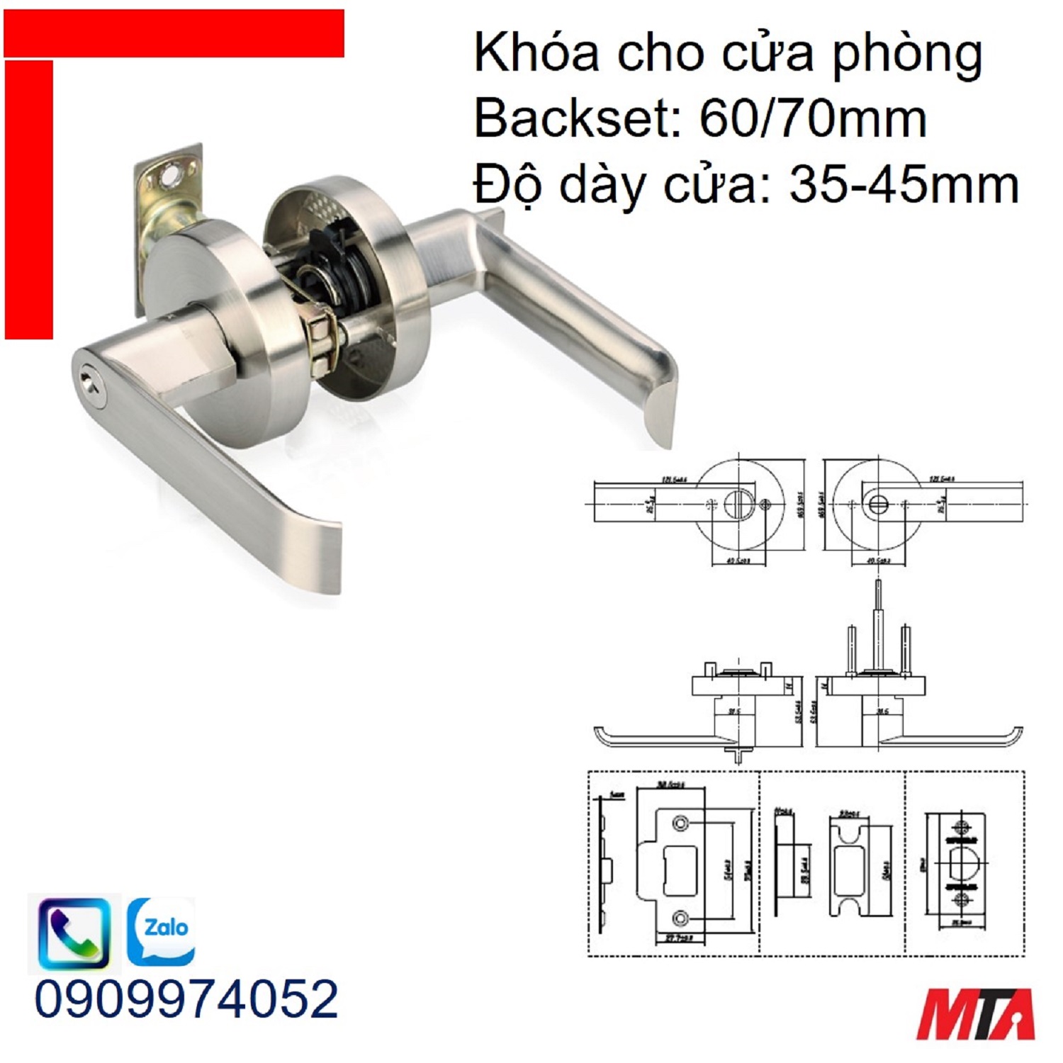 Khóa tay nắm gạt Hafele 911.63.222 cho cửa phòng bs60/70mm nickel mờ