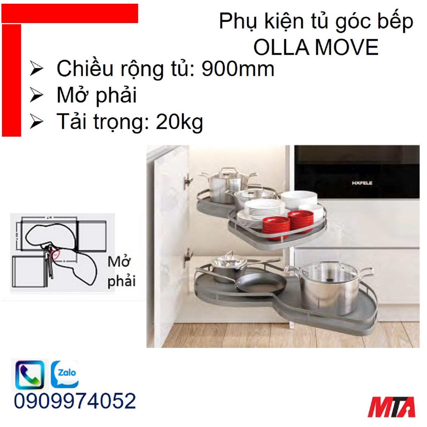 Mâm xoay góc tủ bếp Hafele Kosmo Olla Move 541.01.804 tủ rộng 900mm mở phải