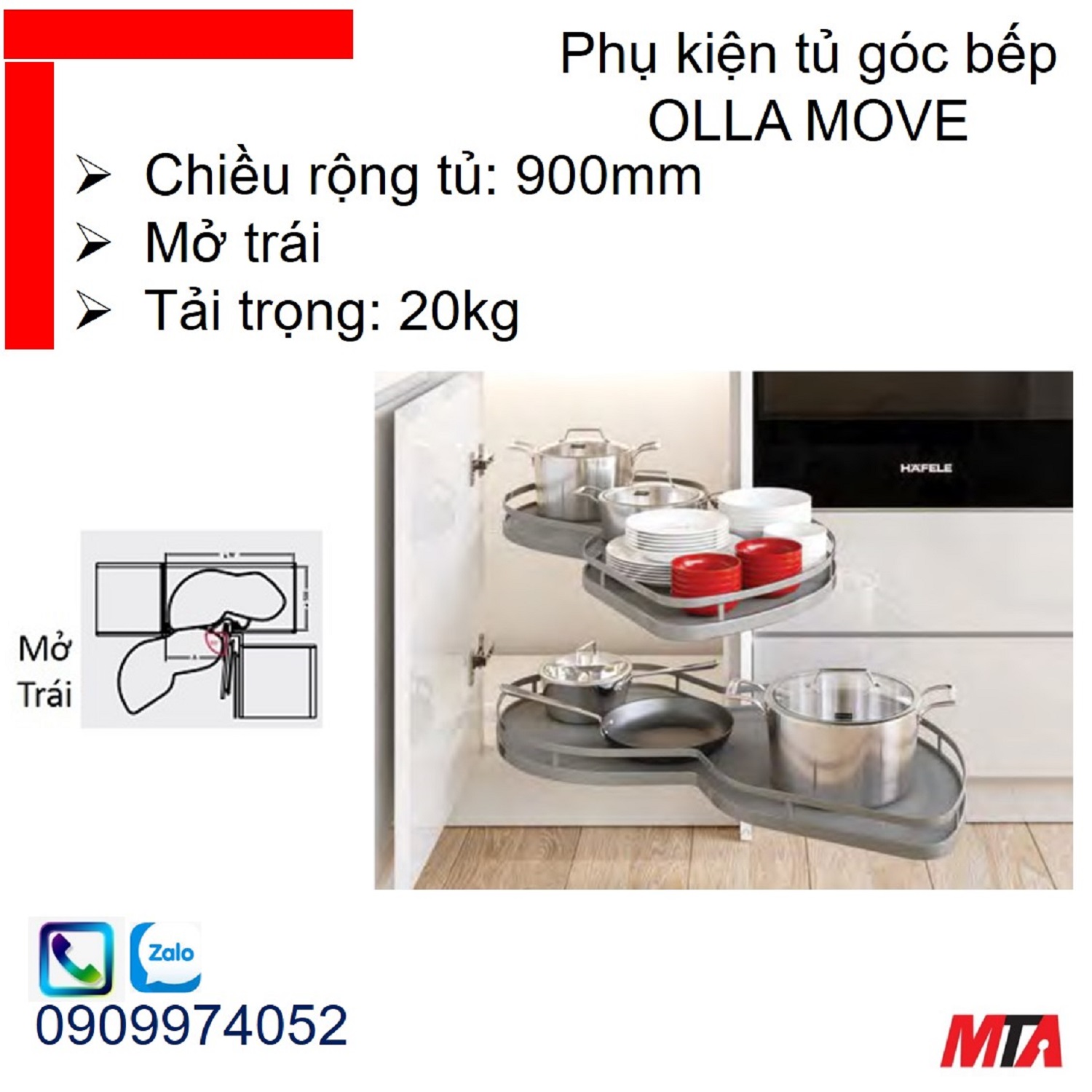 Mâm xoay góc tủ bếp Hafele Kosmo Olla Move 541.01.814 tủ rộng 900mm mở trái