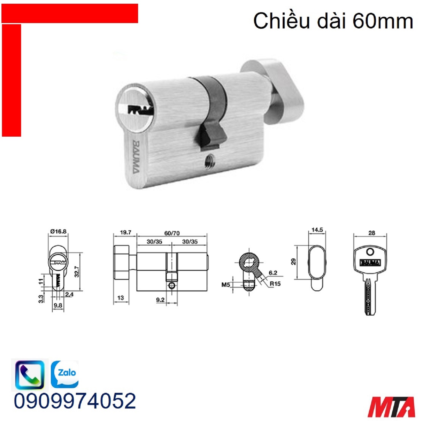 Khóa cửa Bauma Hafele 916.87.822 ruột khóa đầu vặn đầu chìa dài 60mm niken mờ