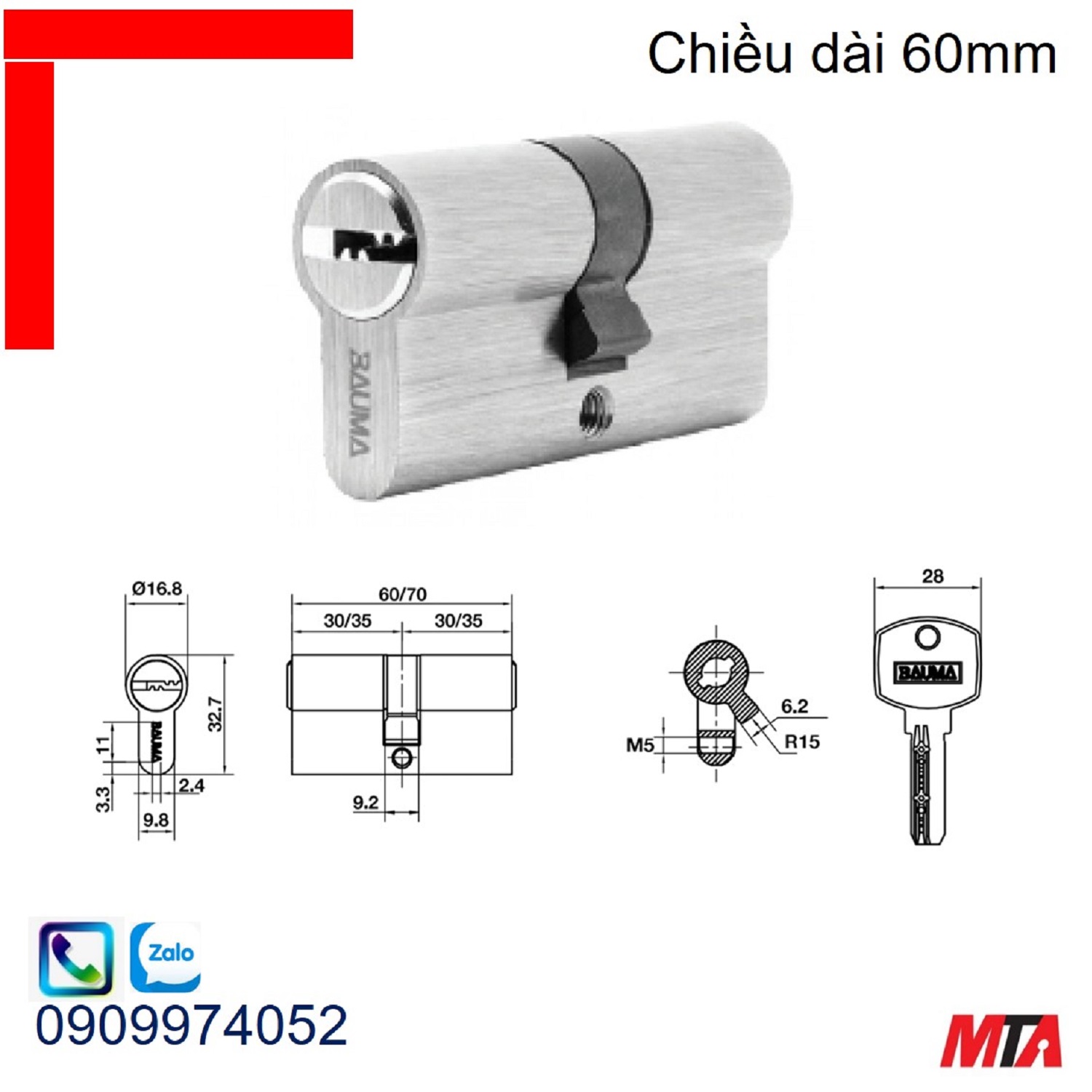 Khóa cửa Bauma Hafele 916.87.824 ruột khóa 2 đầu chìa dài 60mm niken mờ