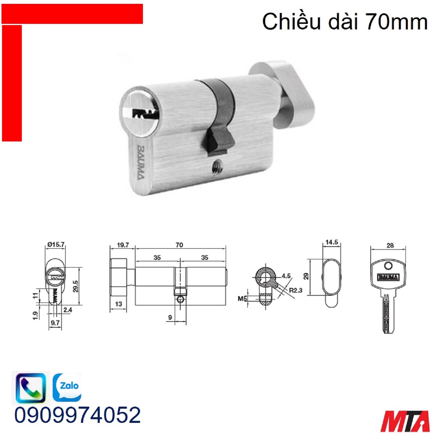 Khóa cửa Bauma Hafele 916.87.826 ruột khóa đầu vặn đầu chìa dài 70mm niken mờ