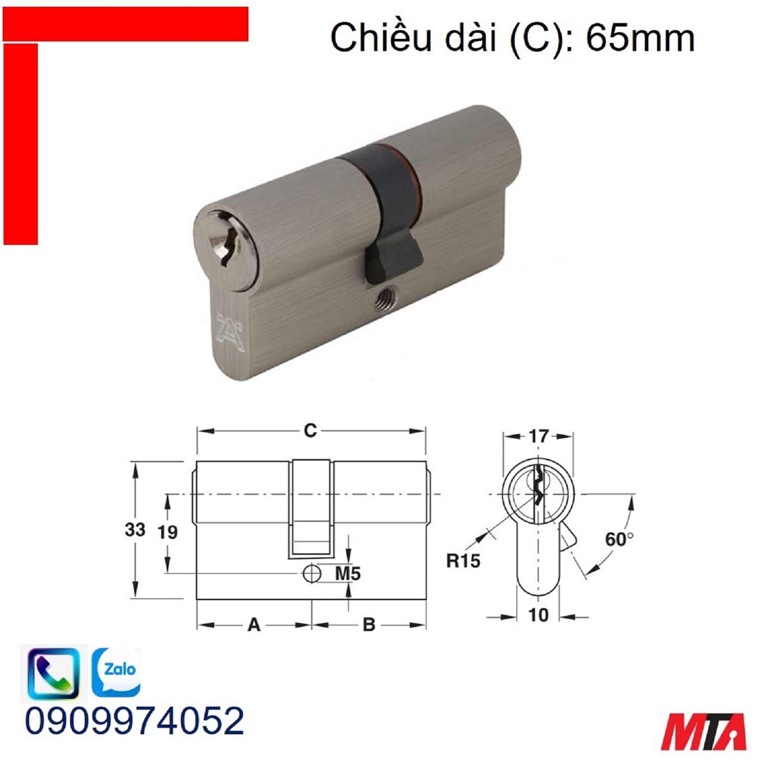 Khóa cửa Hafele 916.95.116 ruột khóa 2 đầu chìa dài 65mm nickel mờ