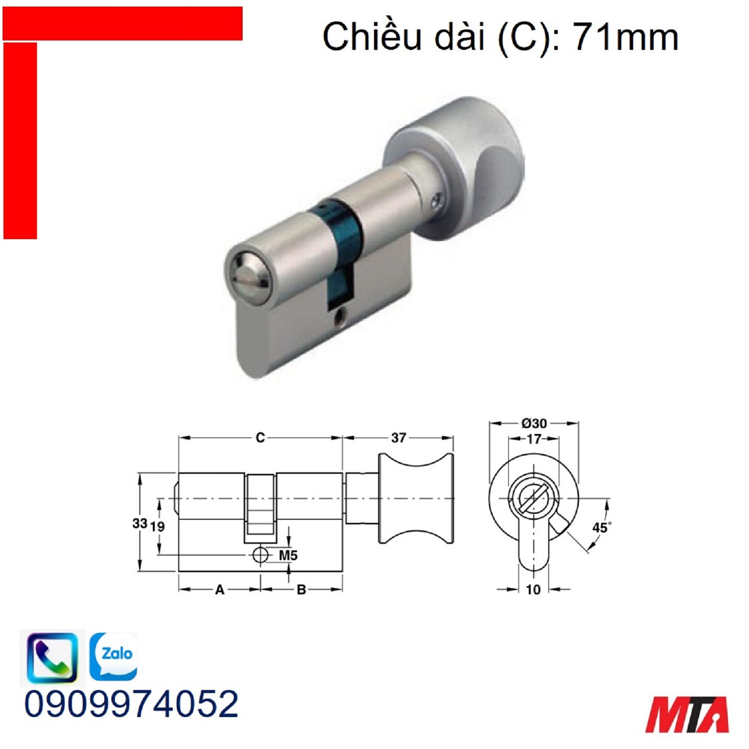 Khóa cửa Hafele 916.96.422 ruột khóa cho cửa phòng wc dài 71mm nickel mờ