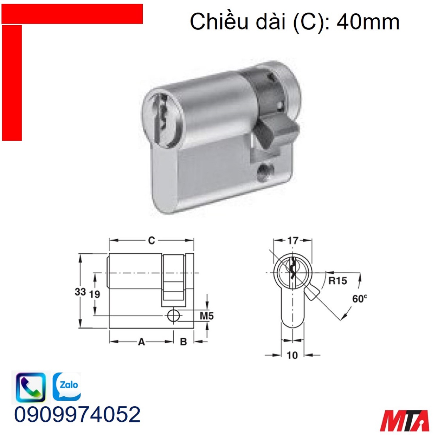 Khóa cửa Hafele 916.96.107 ruột khóa 1 đầu chìa dài 40mm nickel mờ