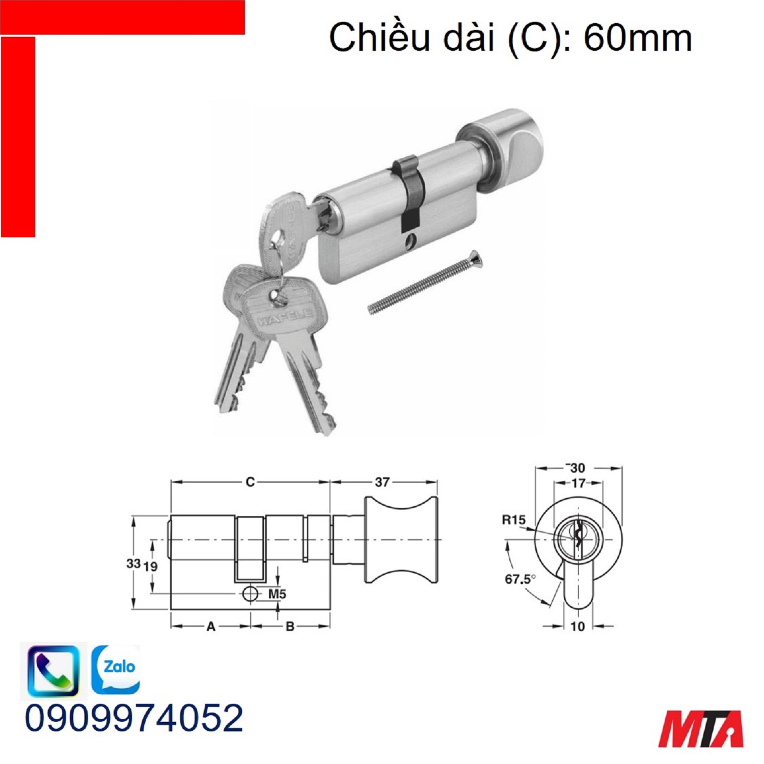 Khóa cửa Hafele 916.96.307 ruột khóa 1 đầu vặn 1 đầu chìa dài 60mm nickel mờ