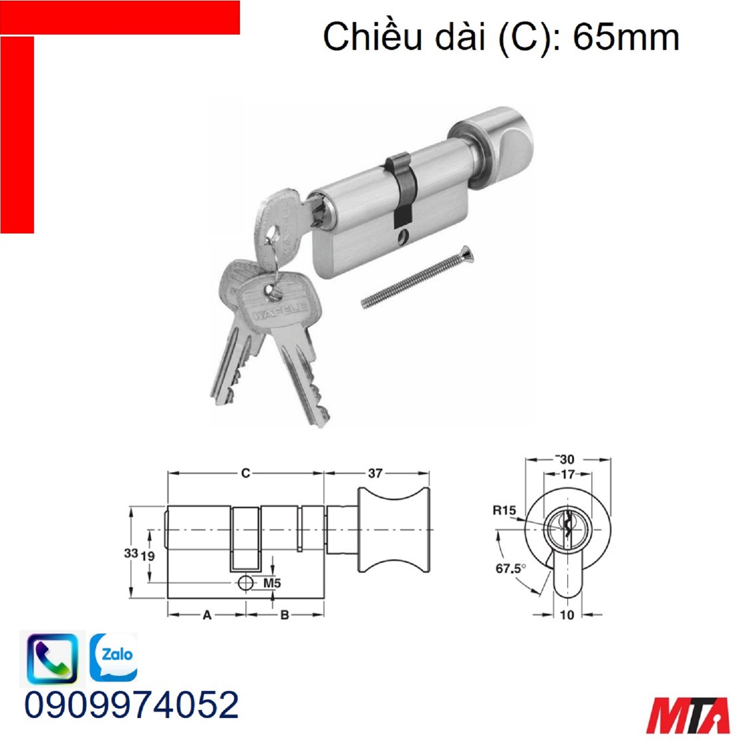 Khóa cửa Hafele 916.96.311 ruột khóa 1 đầu vặn 1 đầu chìa dài 65mm nickel mờ