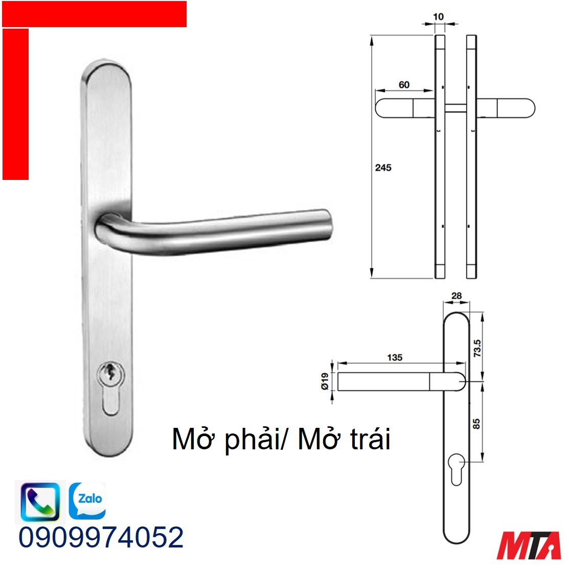 Phụ kiện Hafele 903.92.262 tay nắm gạt đế dài mở phải và mở trái inox 304