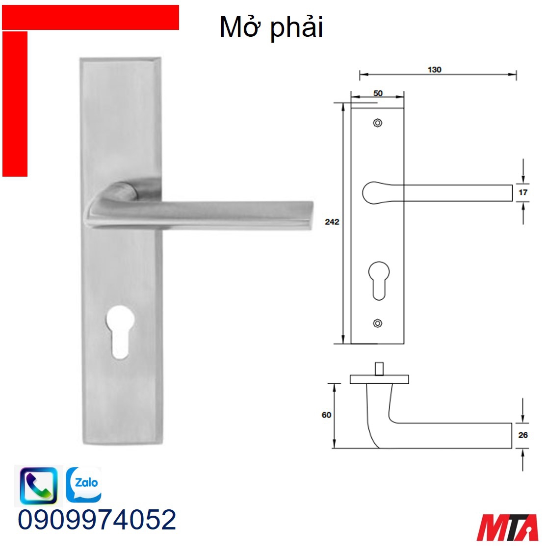 Phụ kiện Hafele 903.98.464 tay nắm gạt đế dài mở phải inox 304