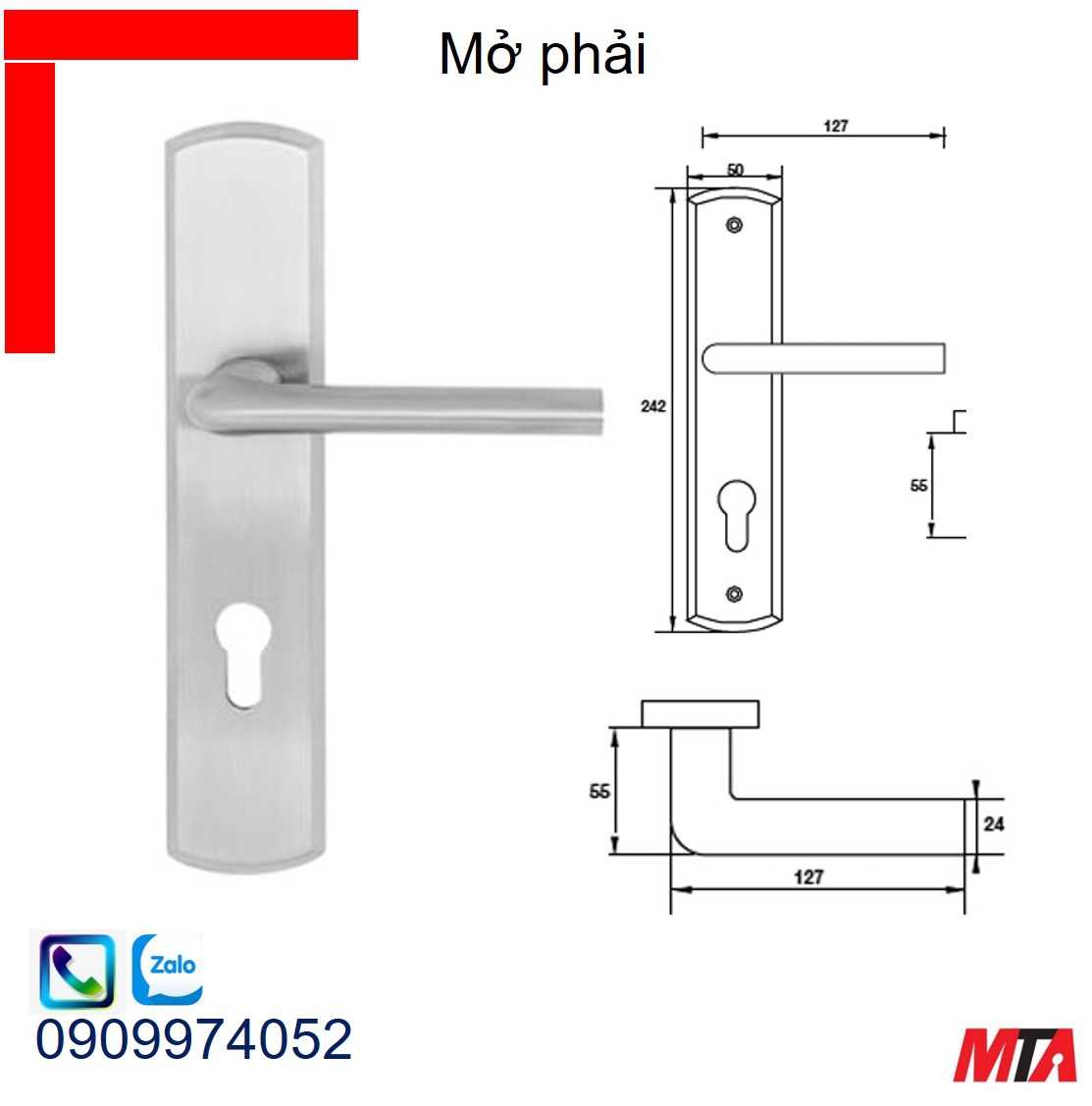 Phụ kiện Hafele 903.98.469 tay nắm gạt đế dài mở phải inox 304