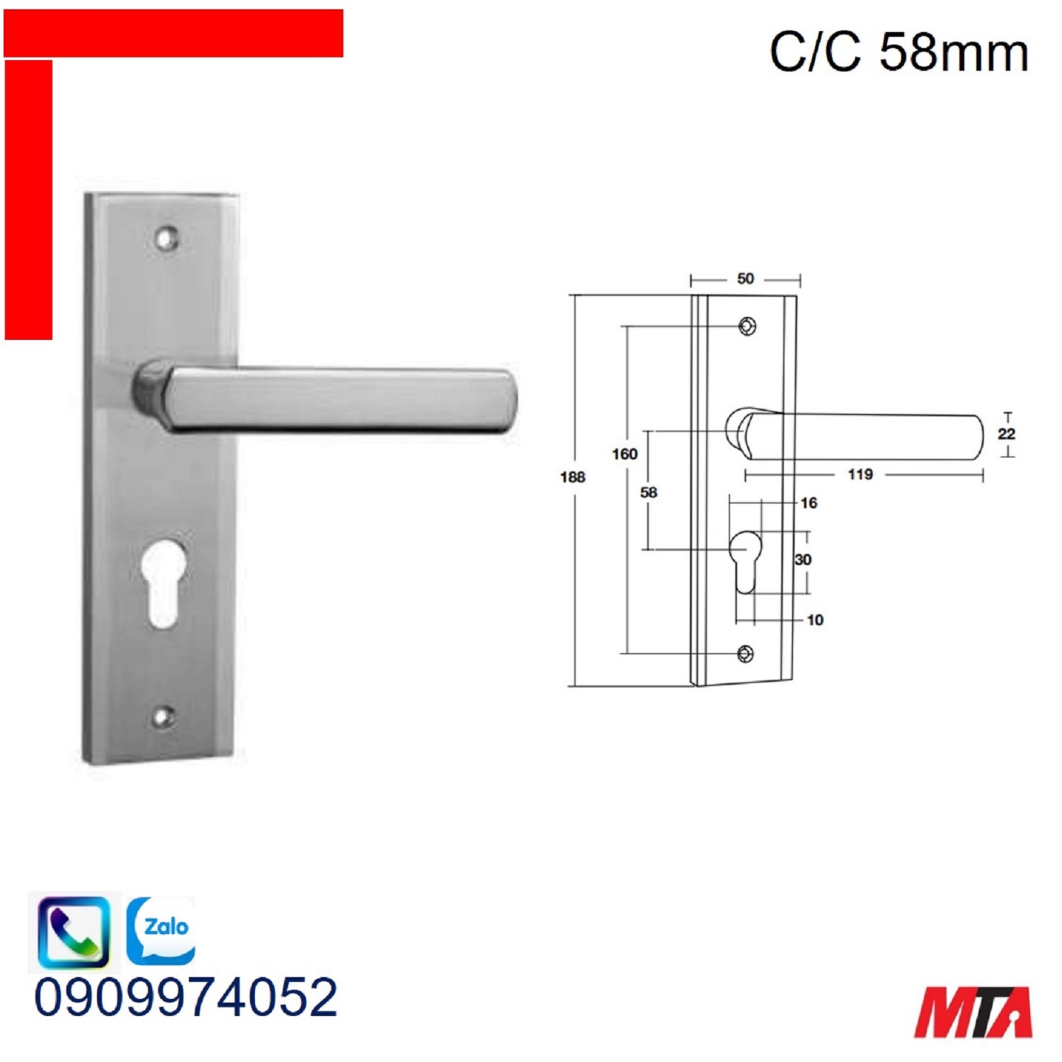 Khóa cửa Bauma Hafele 905.99.091 tay gạt đế dài BM066-58