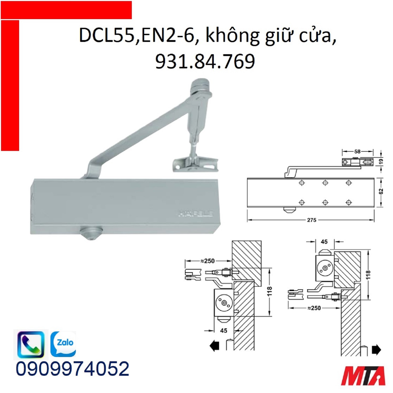 Tay co thủy lực hafele 931.84.769 không giữ cửa cửa nặng tối đa 150kg rộng max 1400mm