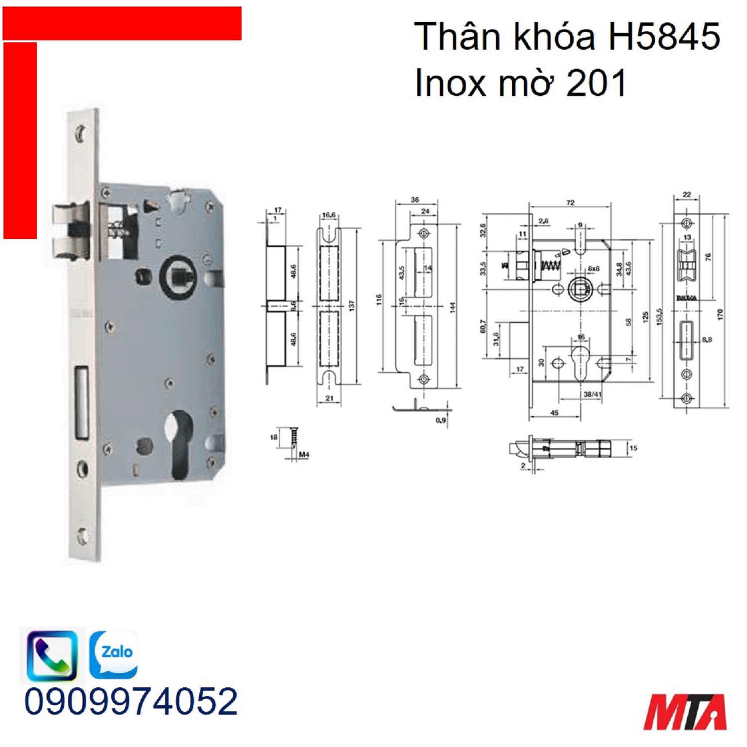 Khóa cửa Bauma Hafele 911.25.561 thân khóa H5845 inox 201