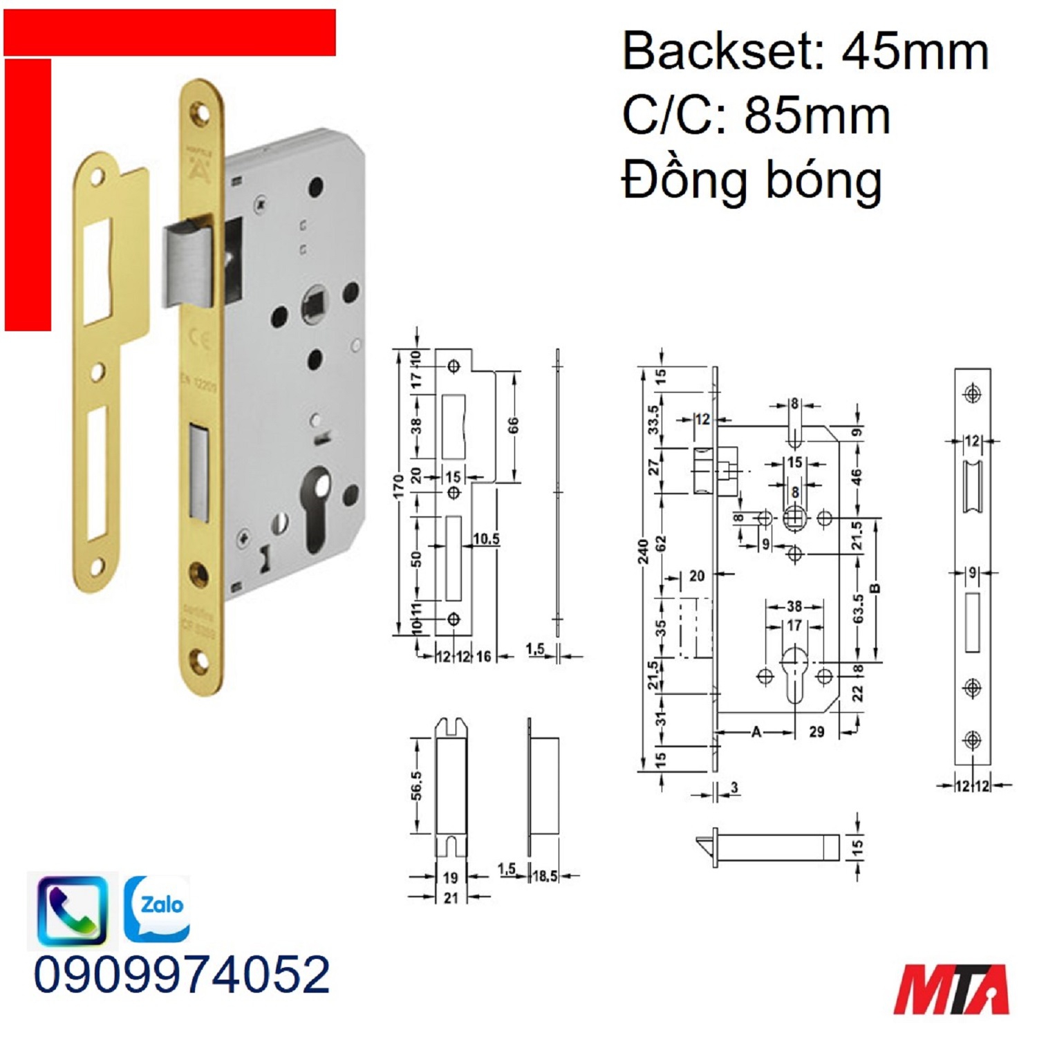 Khóa cửa Hafele 911.02.069 thân khóa lưỡi gà chốt chết BS45/85mm đồng bóng