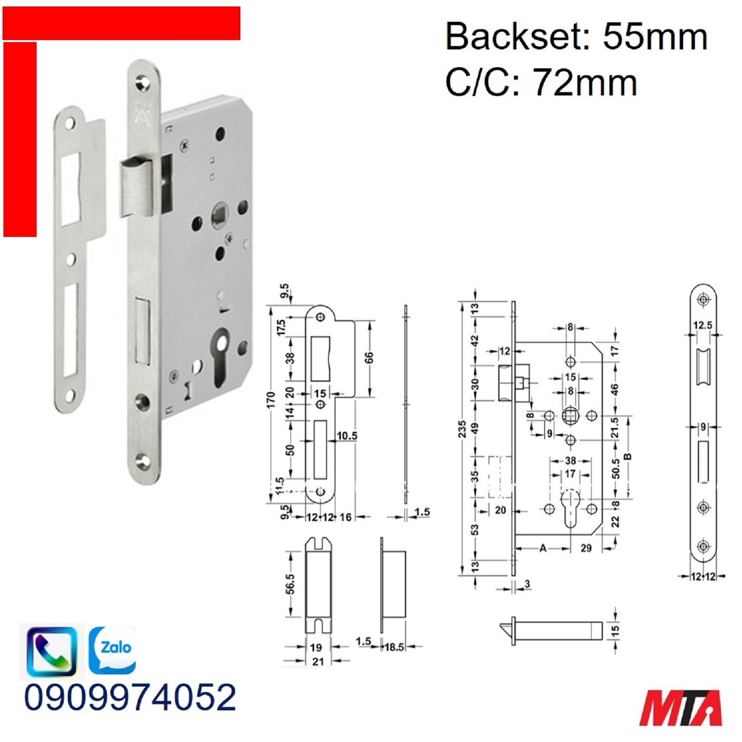 Khóa cửa Hafele 911.02.153 thân khóa lưỡi gà chốt chết BS55/72mm