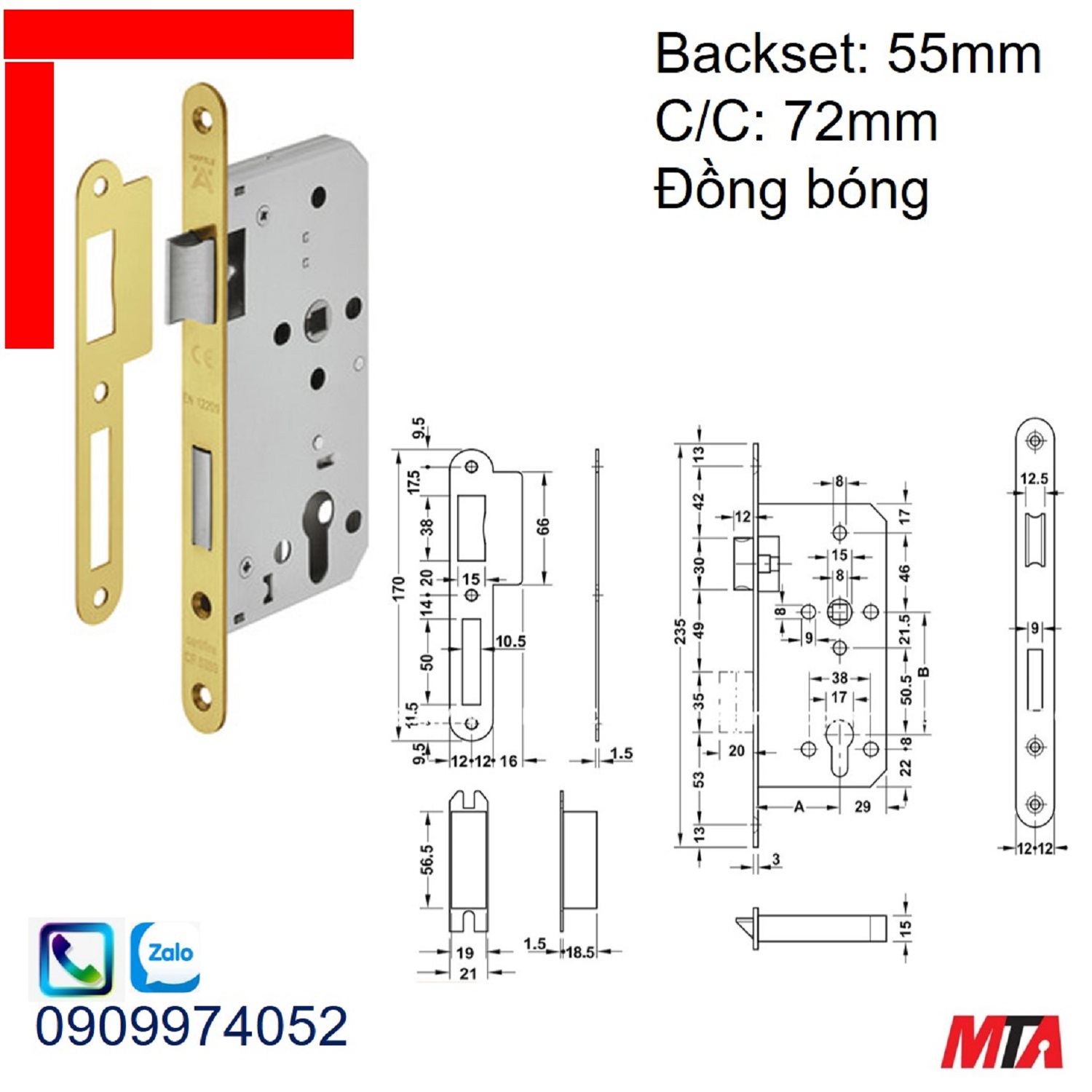 Khóa cửa Hafele 911.02.154 thân khóa lưỡi gà chốt chết BS55/72mm đồng bóng