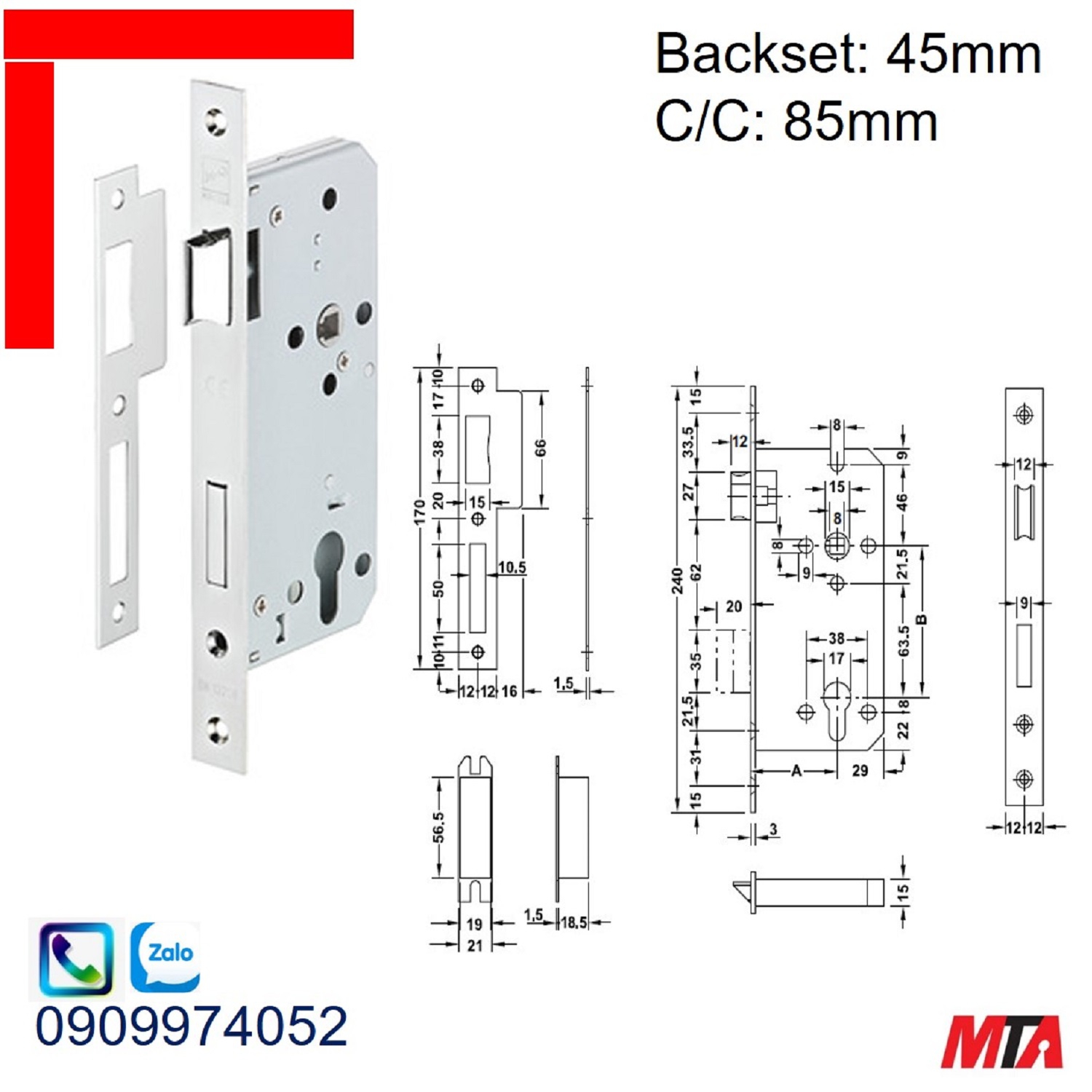 Khóa cửa Hafele 911.02.165 thân khóa lưỡi gà chốt chết BS45/85mm