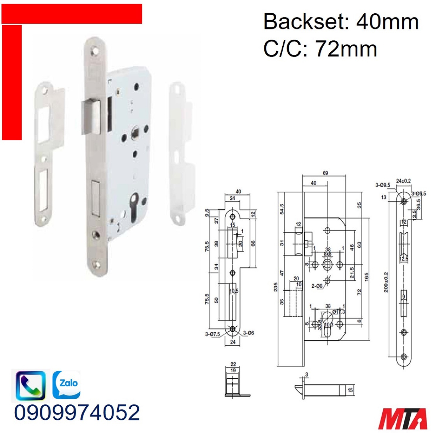 Khóa cửa Hafele 911.03.514 thân khóa lưỡi gà chốt chết BS40/72mm