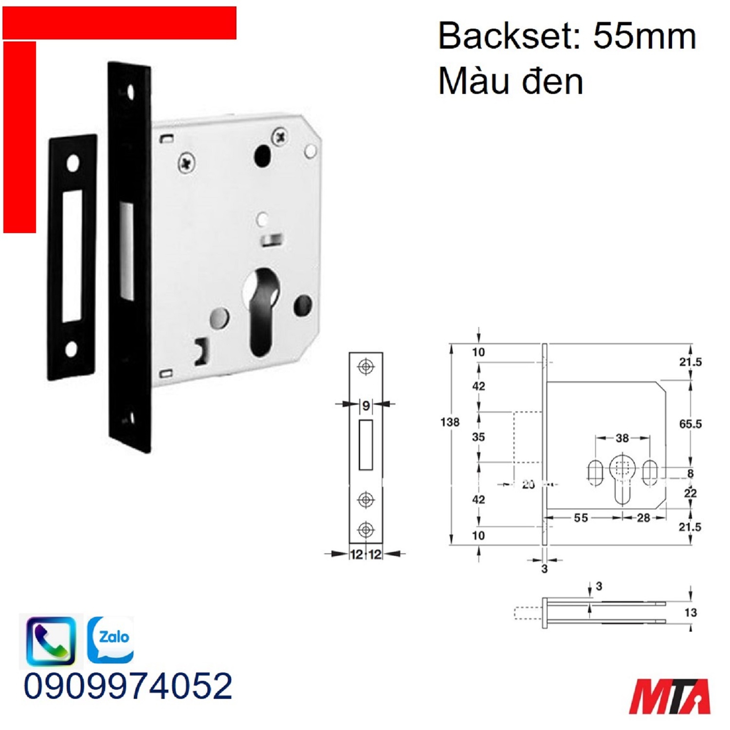 Khóa cửa Hafele 911.22.477 thân khóa chốt chết BS55mm màu đen