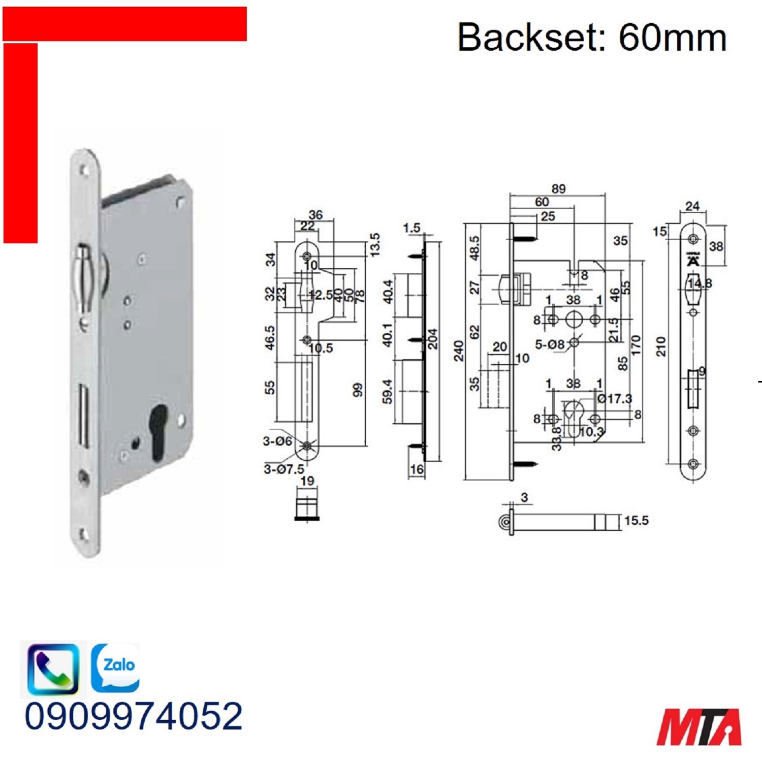 Khóa cửa Hafele 911.24.032 thân khóa con lăn BS60mm