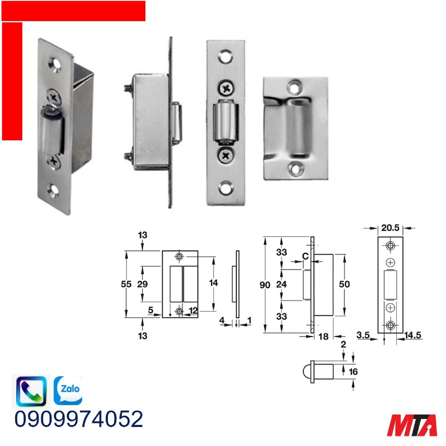 Khóa cửa Hafele 911.24.042 chốt bật con lăn inox mờ