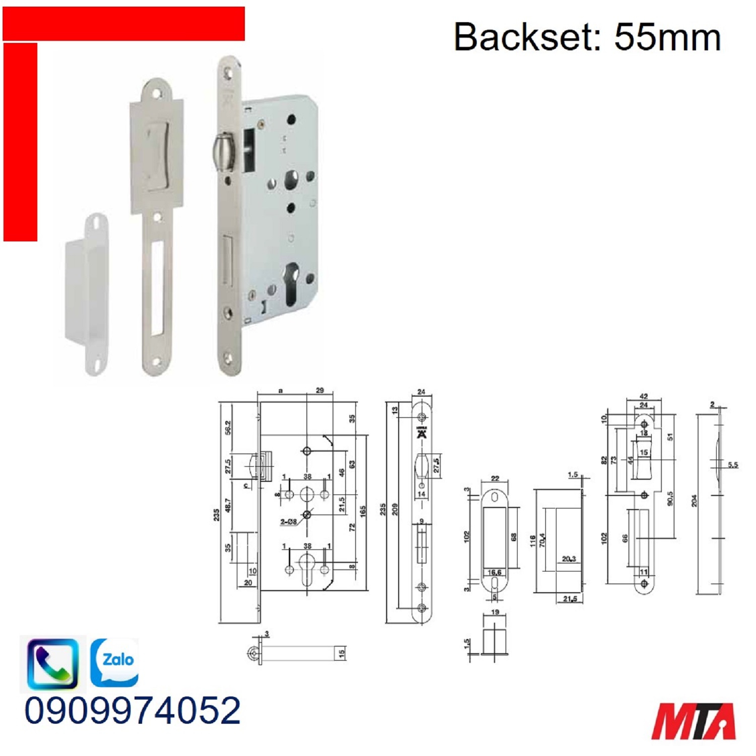 Khóa cửa Hafele 911.24.068 thân khóa con lăn BS55mm