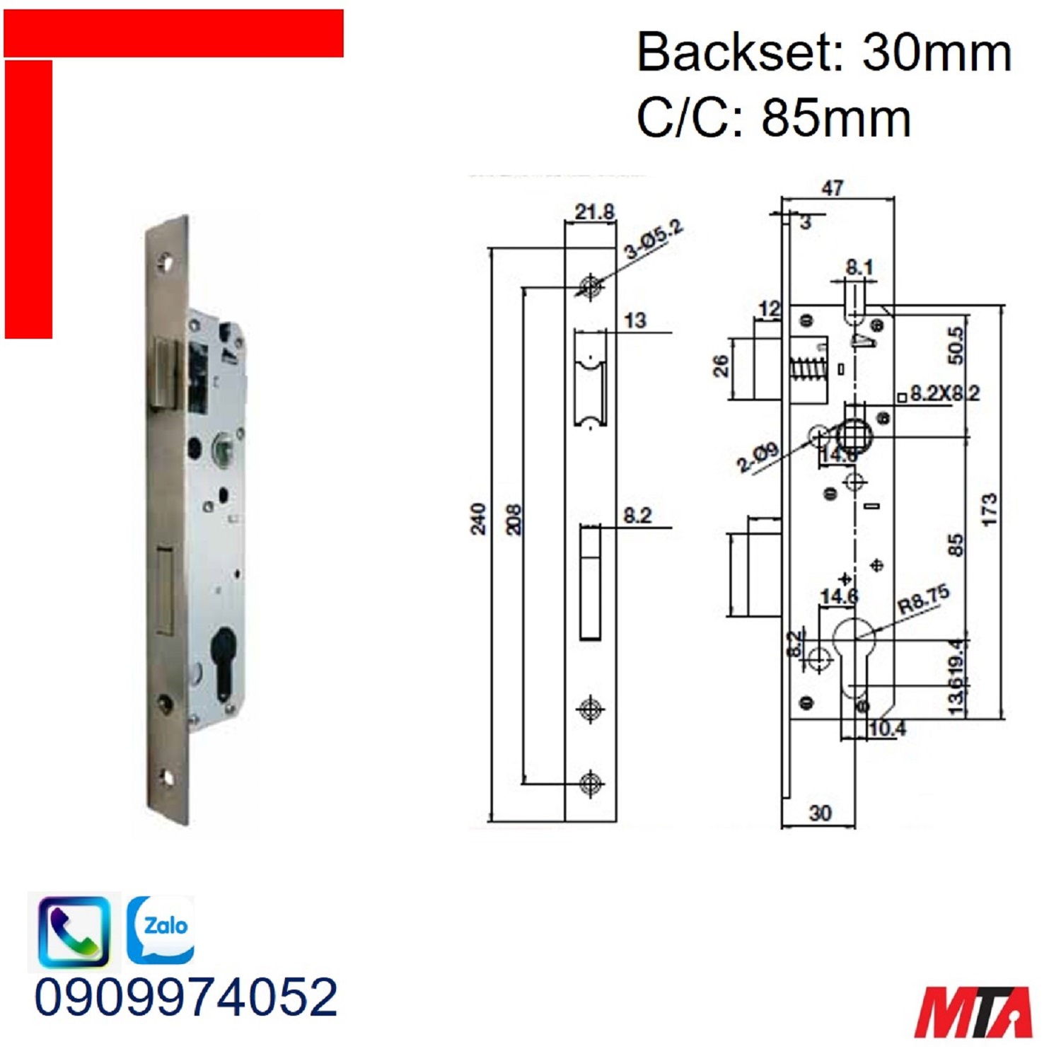 Khóa cửa Hafele 911.77.263 thân khóa lưỡi gà chốt chết cho cửa đố nhỏ BS30/85mm