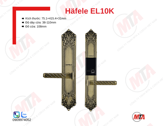 Khóa điện tử Hafele EL10K kích thước 75.1 × 415.4 × 31 mm, phù hợp cửa gỗ dày 38–110 mm, hỗ trợ vân tay, mã số, thẻ từ và chìa khóa cơ, màn hình OLED giúp mở khóa nhanh, bảo mật an toàn cho gia đình.
