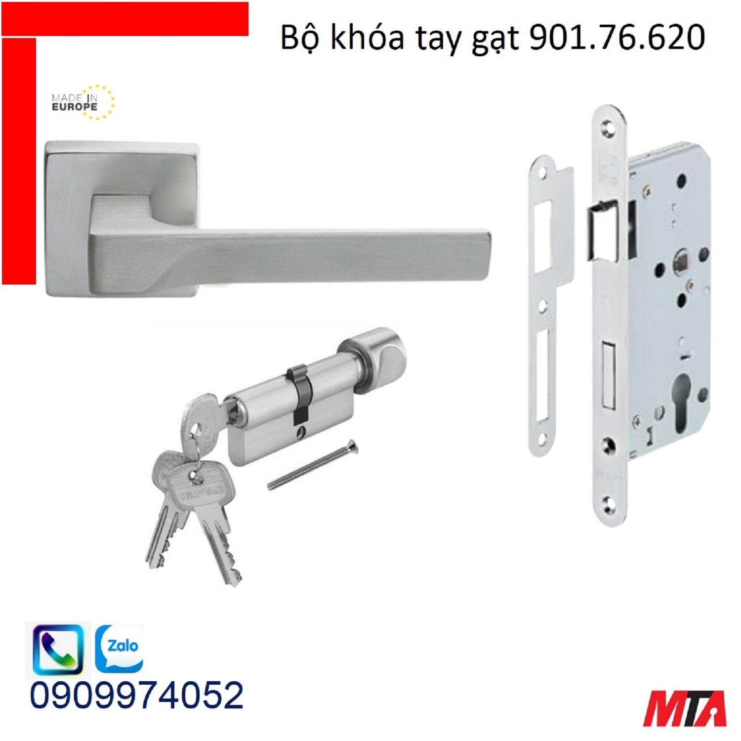 Khóa cửa hafele 901.76.620 bộ khóa tay gạt crome mờ chiều dài tay 130mm