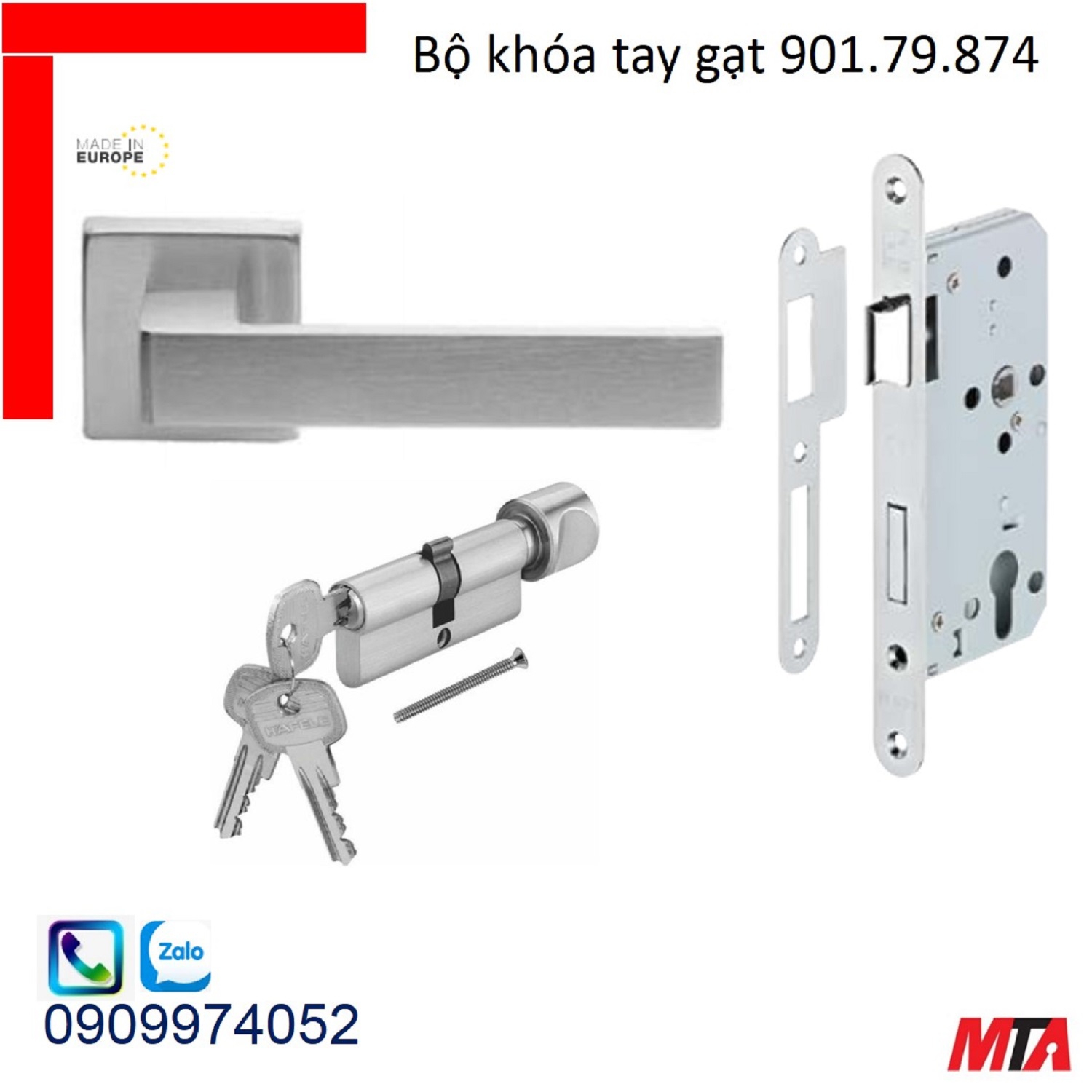 Khóa cửa hafele 901.79.874 bộ khóa tay gạt crome mờ chiều dài tay 129mm