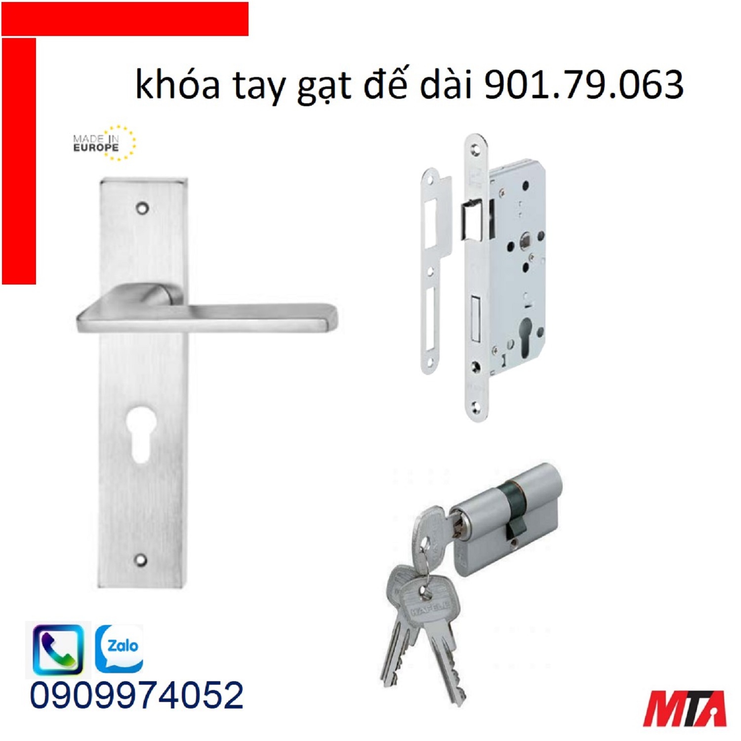 Khóa cửa hafele 901.79.063 bộ khóa tay gạt đồng thau chiều dài tay 135mm