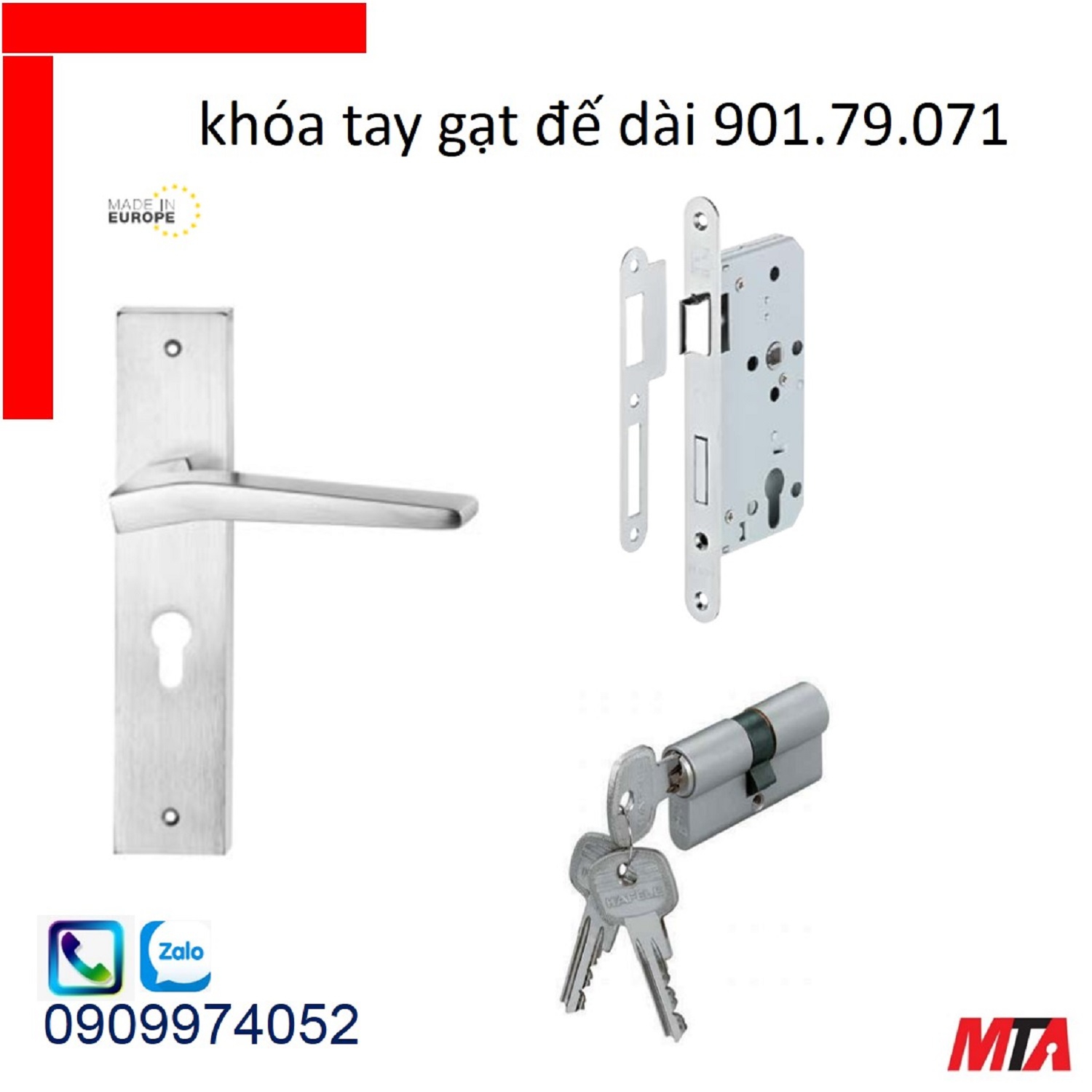 Khóa cửa hafele 901.79.071 bộ khóa tay gạt đồng thau chiều dài tay 148mm