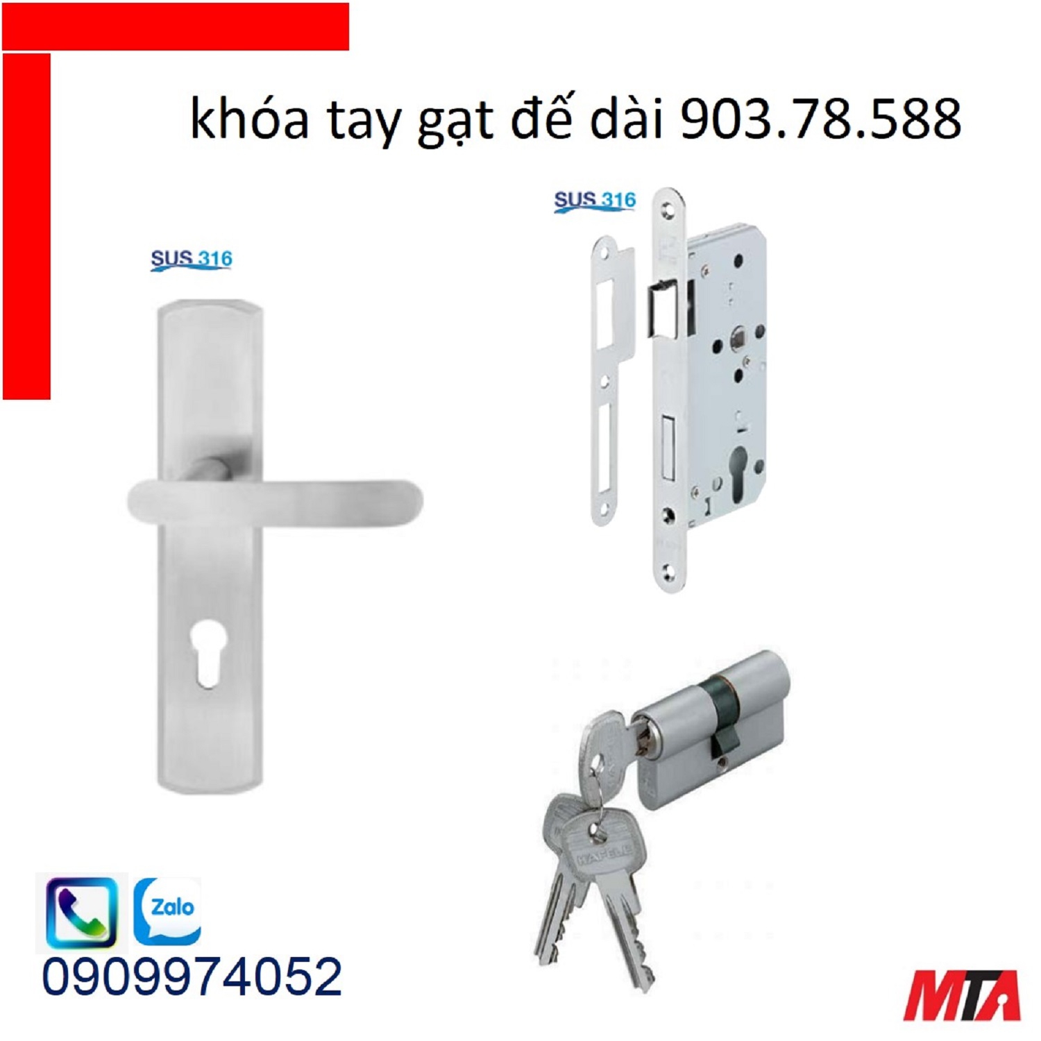 Khóa cửa hafele 903.78.588 bộ khóa tay gạt inox316 chiều dài tay 131mm