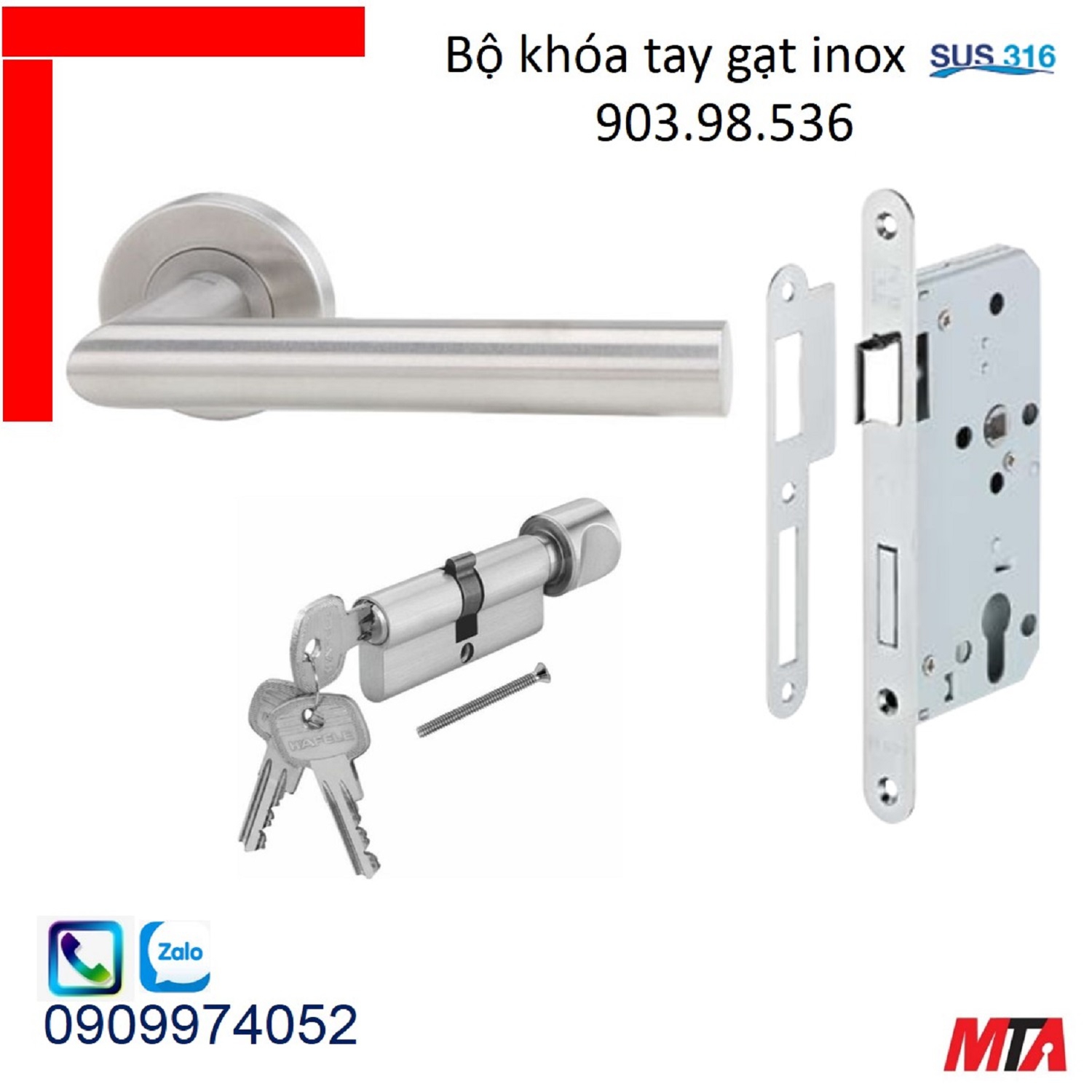 Khóa cửa hafele 903.98.536 bộ khóa tay gạt inox316 chiều dài tay 135mm